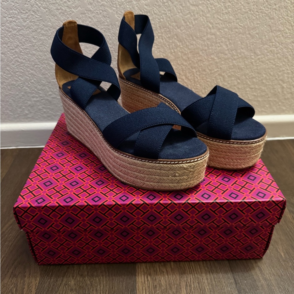 Tory Burch Navy Espadrille Wedge Sandals